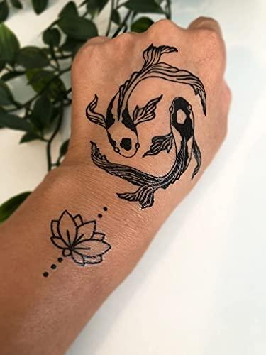 d'IRIS studio Temporary Tattoos for Adult Women - 2 Sheets - Black Big Ying and Yang Koi Fish Kanji Love Skeleton Heart Hand Skull Lotus Sleeve Adults Tattoo