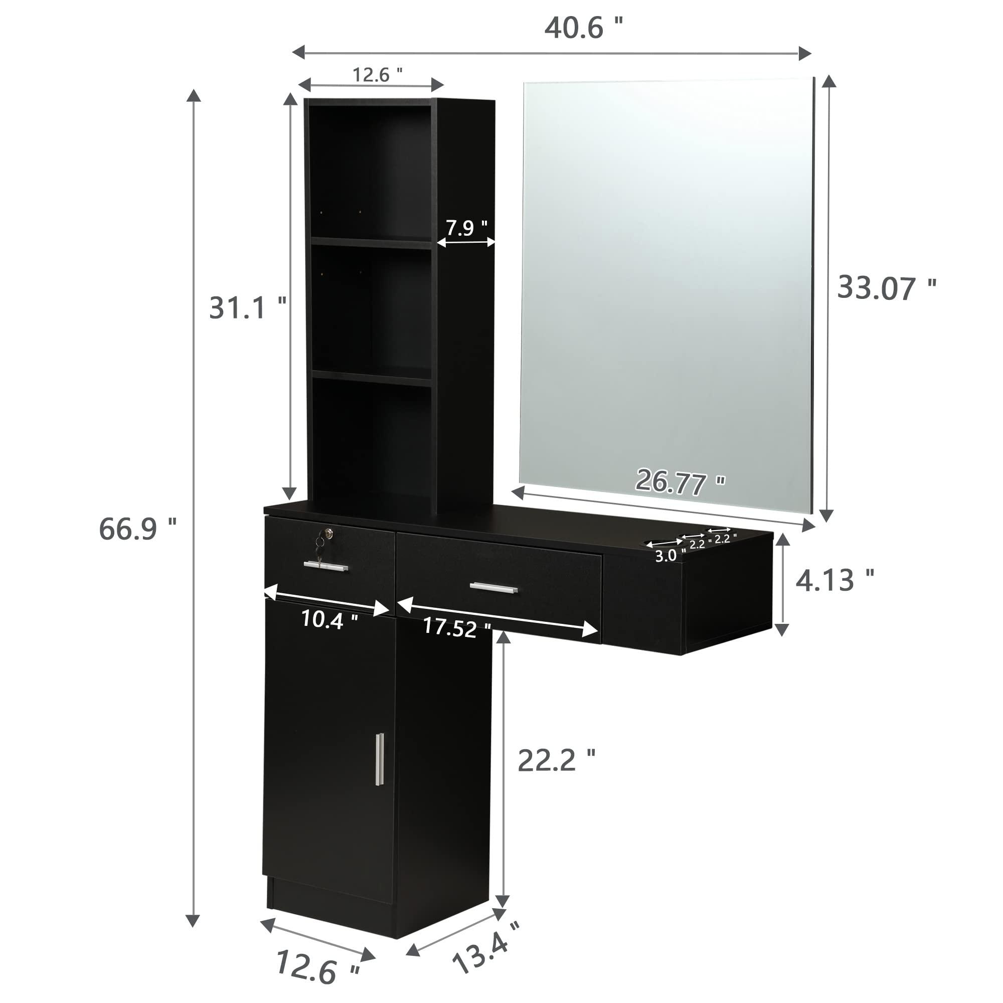 RESHABLE RESHABLE Wall Mount Salon Station with Mirror, Beauty Salon Barber Spa Equipment with Mirror, Shelves, Cabinet, Locking Drawers, Table, Standing Hair Styling Furniture, Black