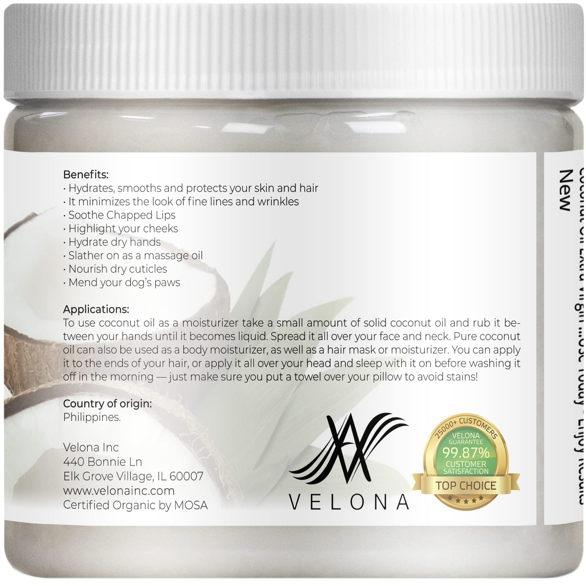 Velona Velona USDA Certified Organic Coconut Oil Extra Virgin - 16 oz | Food and Cosmetic Grade | in jar | Extra Virgin, Cold Pressed