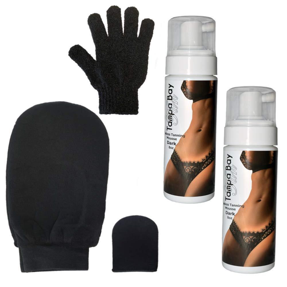 Tampa Bay Tan Tampa Bay Tan Sunless Tanning Mousse, Two Count, Dark w Leakproof Applicater And Exfoliation Mitts Kit (black set)