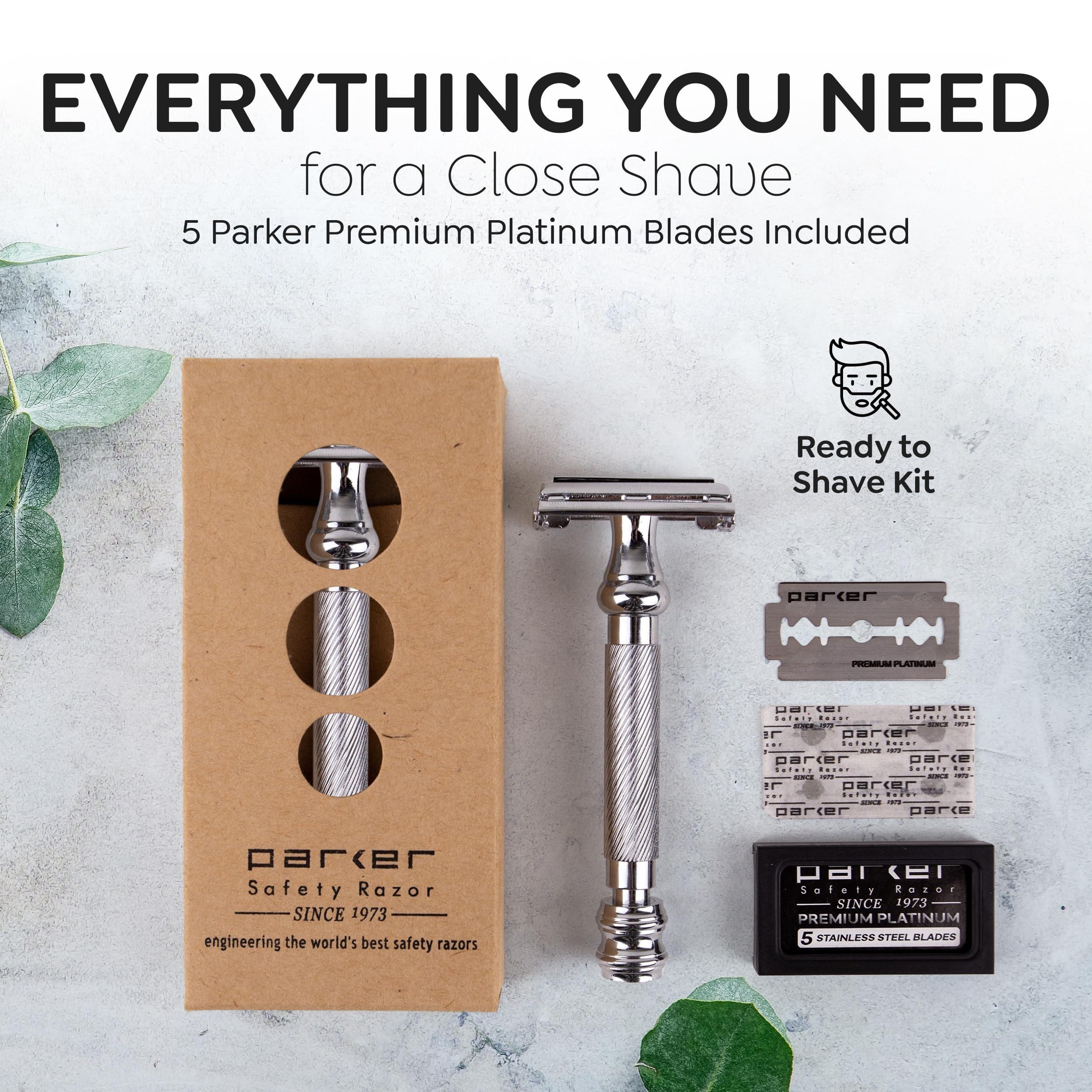Parker Safety Razor Parker 99R Chrome Long Handle Heavyweight Butterfly Open Double Edge Safety Razor for Men, 5 Parker Premium Platinum Double Edge Razor Blades Included