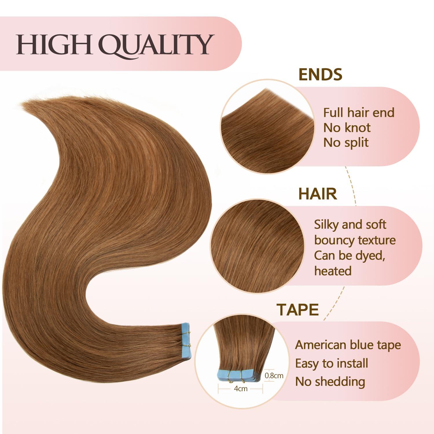 AGMITY AGMITY Hair Extensions Real Human Hair Tape in #30 Light Brown 18 inches 20pcs 50g/pack Straight Seamless Weft Skin Hair Extensions Tape in Human Hair(18 inches #30 Light Brown)