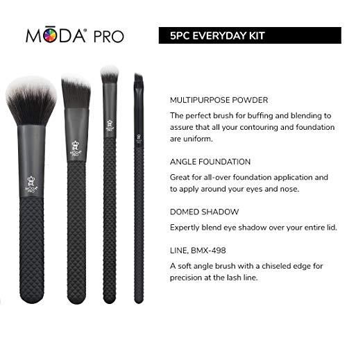 MODA MODA Pro Full Size Everyday 5pc Makeup Brush Set with Pouch, Includes - Multi-Purpose Powder, Angle Foundation, Domed Shadow, and Angle Eyeliner Brushes, Black