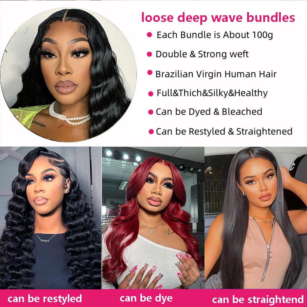 Uesoels 22 Inch Hair Bundles Loose Deep Wave Bundles 12A Raw Human Hair Bundles 100% Unprocessed Virgin Human Hair Single Bundles Natura Black Color Hair Extensions