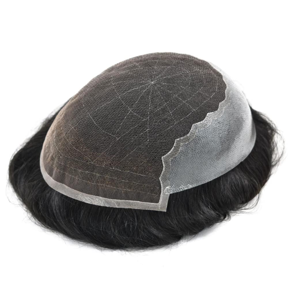 NinthAvenue Basics Mens Toupee French Lace Hair Replacement System For Men Hairpieces Toupee For Men Hair System Hair Piece For Men Natural Hairline 7x10 Light to Medium density 1B# OFF BLACK