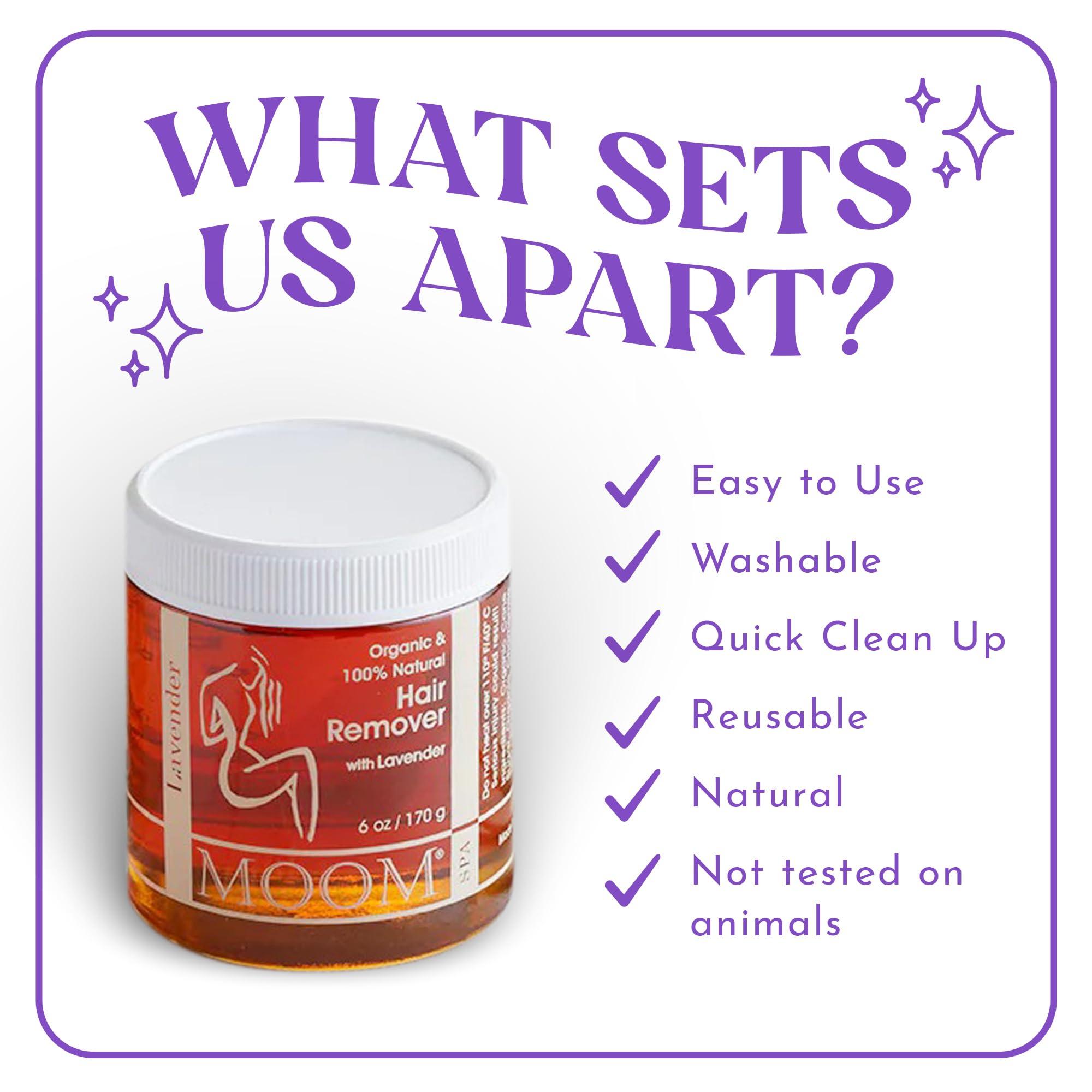 MOOM MOOM - Organic Sugar Wax Hair Removal Kit, For Underarm, Face and Bikini Zone, Waxing Kit Includes Sugar Wax Infused with Lavender, Wax Strips & Waxing Sticks, Ideal for Sensitive Skin - 6 ounces