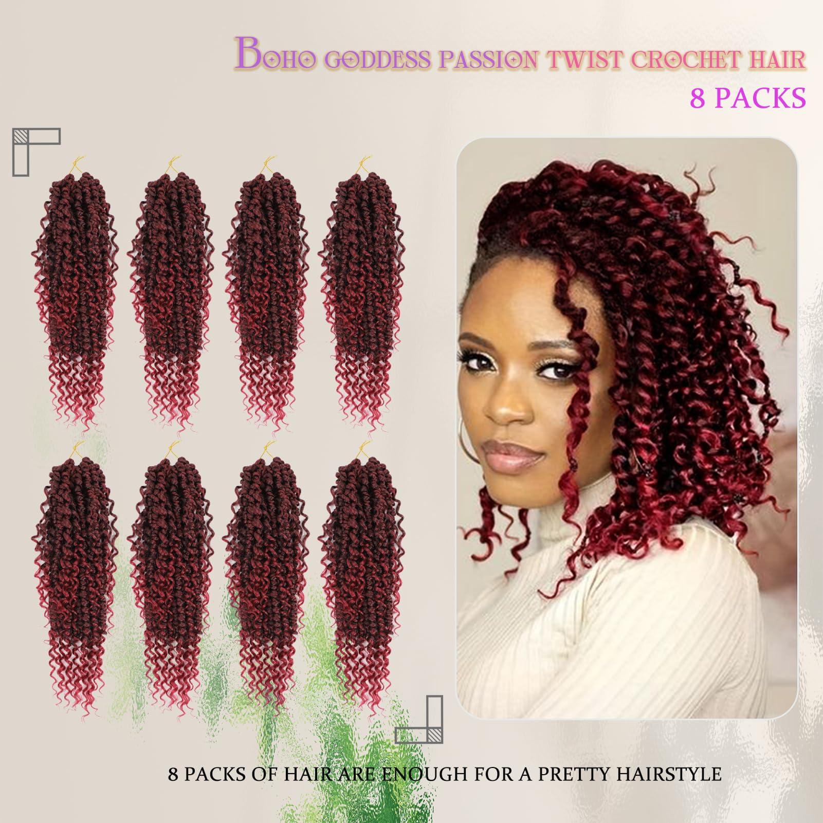 Betufllo 8 Packs Boho Passion Twist Hair With Curly Ends Goddess Passion Twist Crochet Hair 14 Inch Pre Looped Curly Ends Bohemian Synthetic Braids Hair Extensions(8 Packs, Tbug#)
