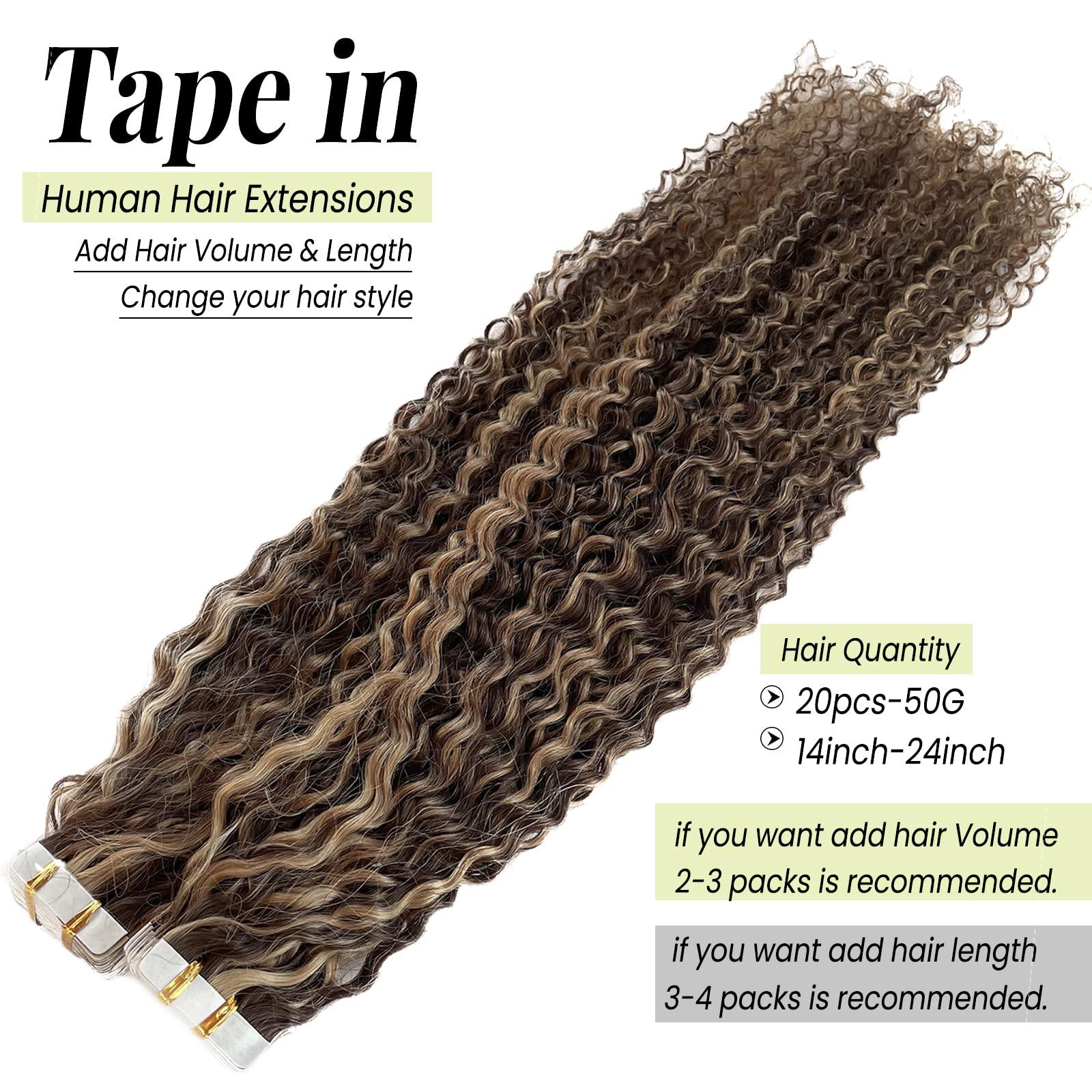 Valiilo Jerry Curly Tape ins Human Hair Extensions, Blonde Tape in Human Hair Extensions Invisible Glue in Remy Hair Brown to Caramel Blonde Highlights Curly Tape on Real Hair 20 Pieces 50 Gram 22 Inch
