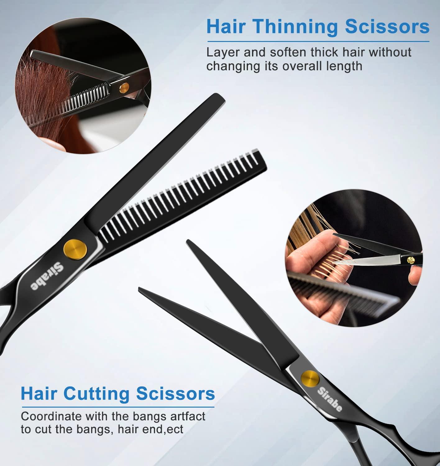 Sirabe Sirabe Hair Cutting Scissors Set, Professional Haircut Scissors Kit with Cutting Scissors,Thinning Scissors, Comb,Cape, Clips, Black Hairdressing Shears Set for Barber, Salon, Home