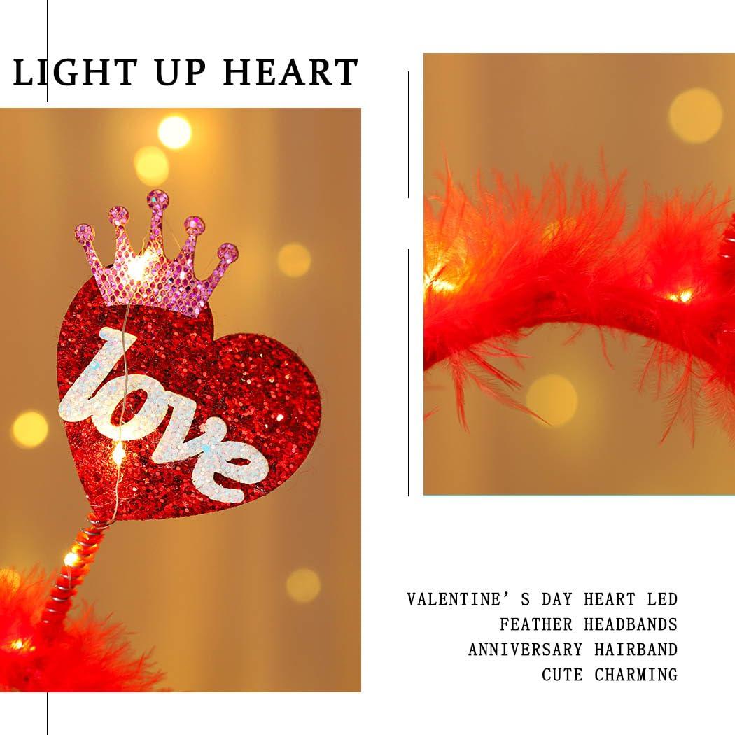Fdesigner Fdesigner Heart Headband Red Light Up Valentine Hair Band Love Feather Hair Hoop Women Cute Heaadpiece Sequins Party Hair Accessories Costume Holiday Gift (Cute)