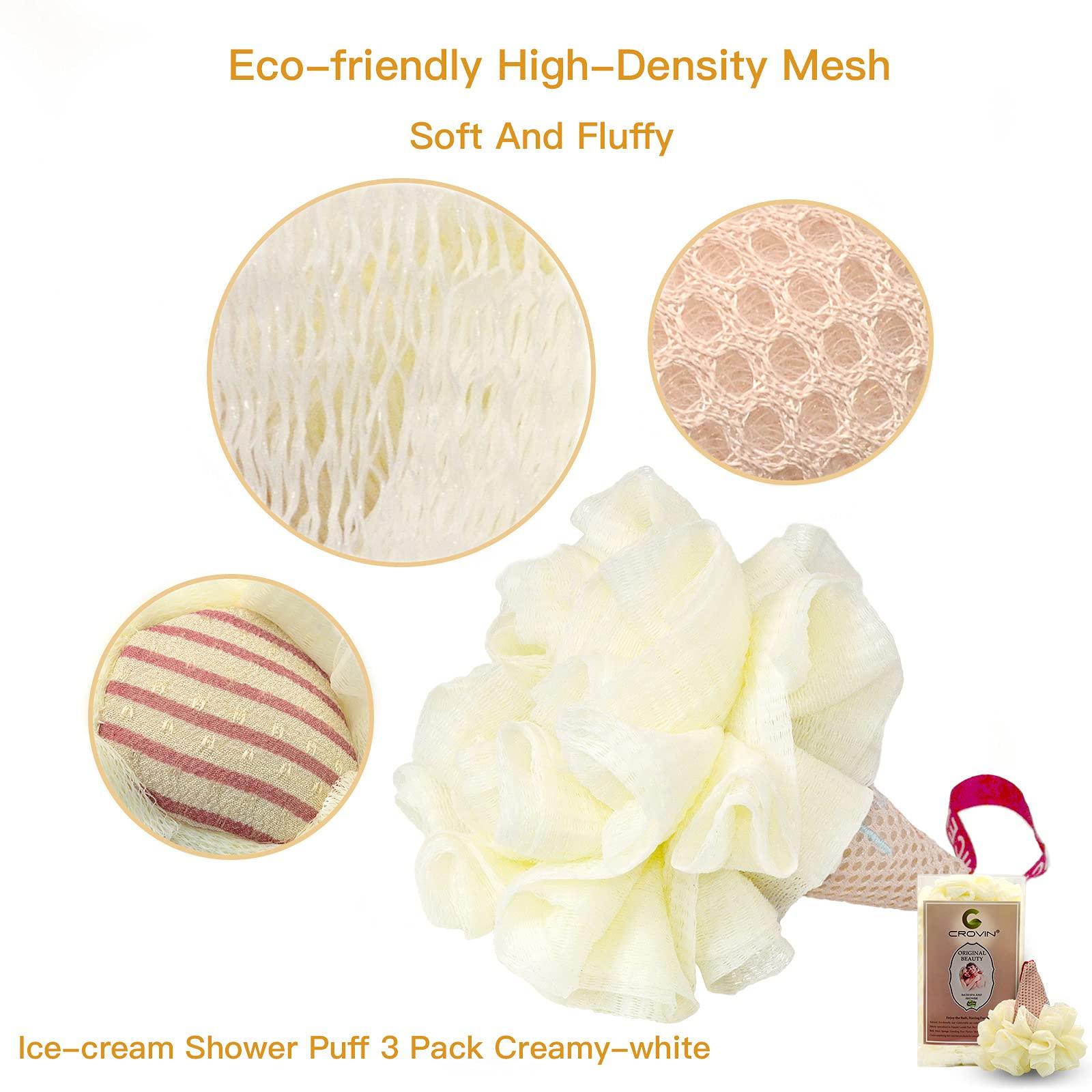 CROVIN CROVIN Ice Cream Bath Sponge Pouf (Set of 3)-Creamy White Soft Mesh Puff Exfoliating Shower Sponge Ball Body Scrubber For Adults, Children