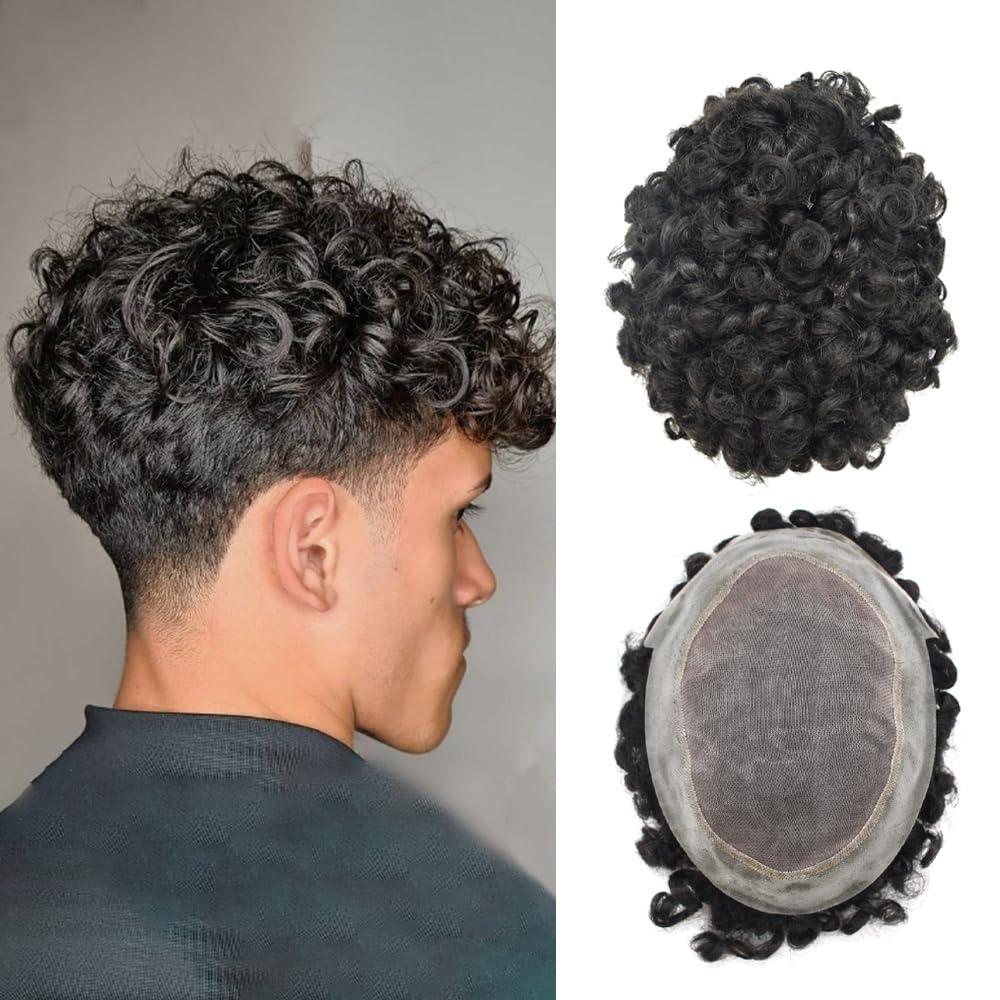 JUST HAIR Mens Toupee 25mm Curly Wave Hair Unit for Men Fine Mono Black Hair Replacement System Poly Skin Around Hair Piece (8X10, 1B Off Black-25mm curl)