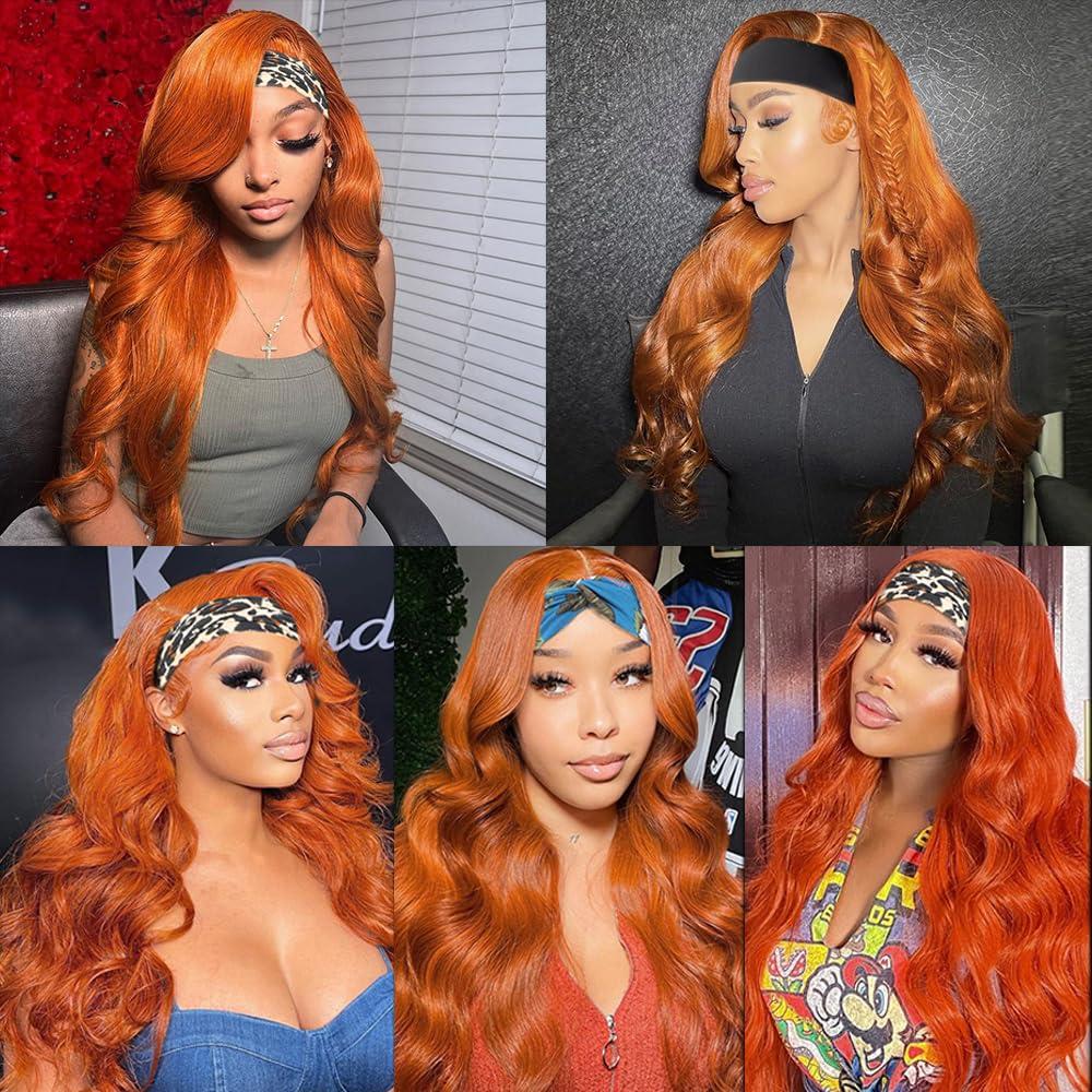 MavKuvx 26 Inch #350 Orange Headband Wig Human Hair 150% Density Machine Made Headband Wig Body Wave Ginger Headband Wig Human Hair Glueless None Lace Wig For Black Women Brazilian Virgin Hair
