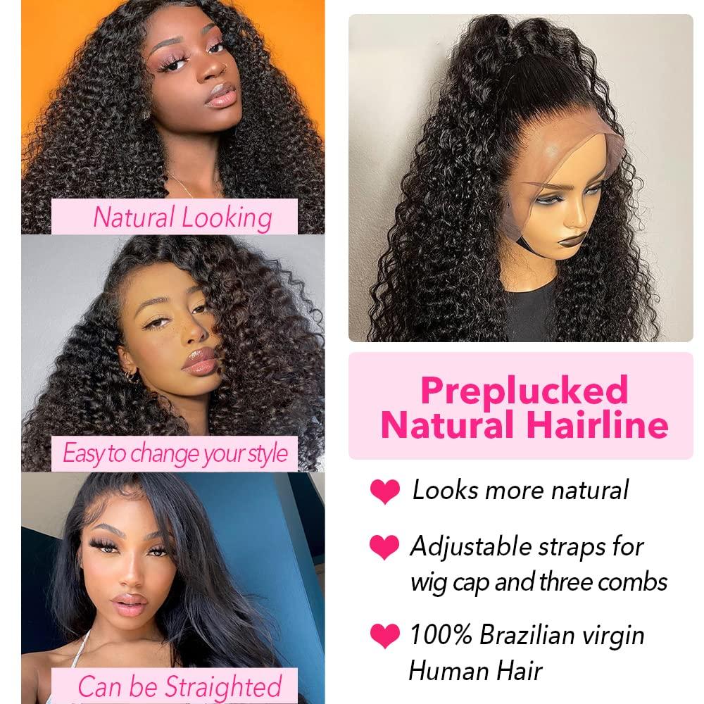 ghotool 250% Density 34 Inch 13x6 HD Transparent Lace Front Human Hair Wigs For Women Mongolian Deep Curly Lace Front Wig Human Hair Pre Plucked Deep Wave Frontal wig Full And Thick (34 Inch, 13x6 Human Hair)