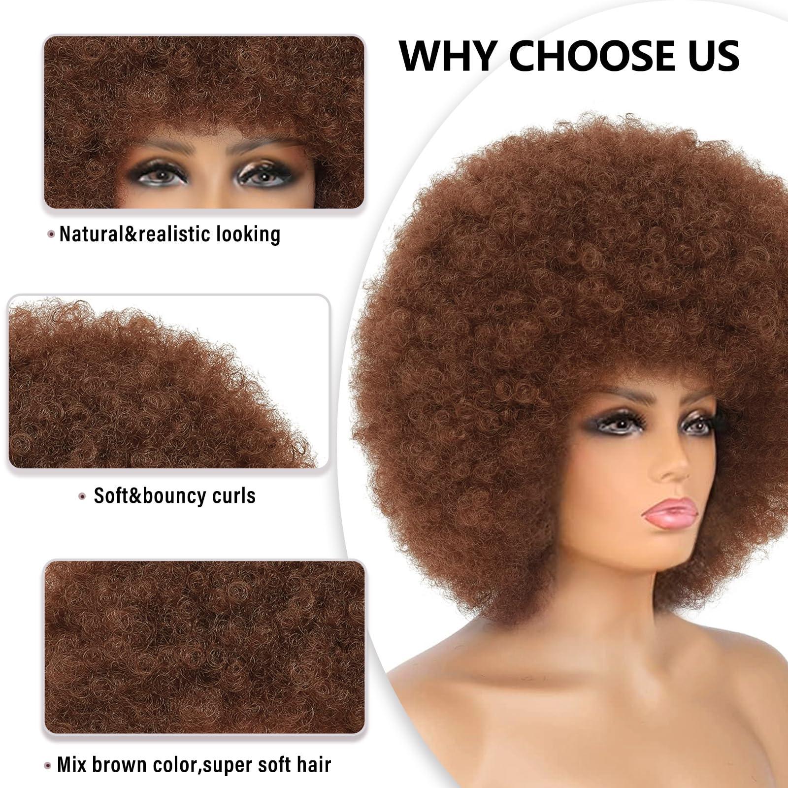 BEAUTIFA BEAUTIFA Afro Wig, Brown Afro Wig 70s for Women Curly Afro Wigs with Bangs Short Afro Curly 70s Wig Bouncy Soft Hair Synthetic Puff Big Afro Wig for Daily Party Use