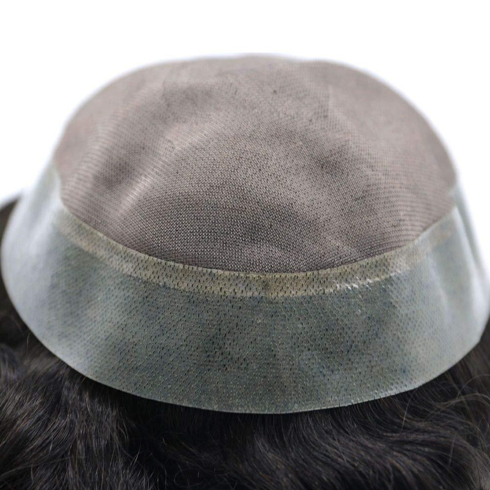 SINGA HAIR Fine Mono Mens Toupe Remy Human Hair System Clear Poly Skin Around Hairpiece Monofilament Wig Durable PU Hair Replacement (1B# Natural Black, 6\'\'x8\' 110% Light Medium Density)