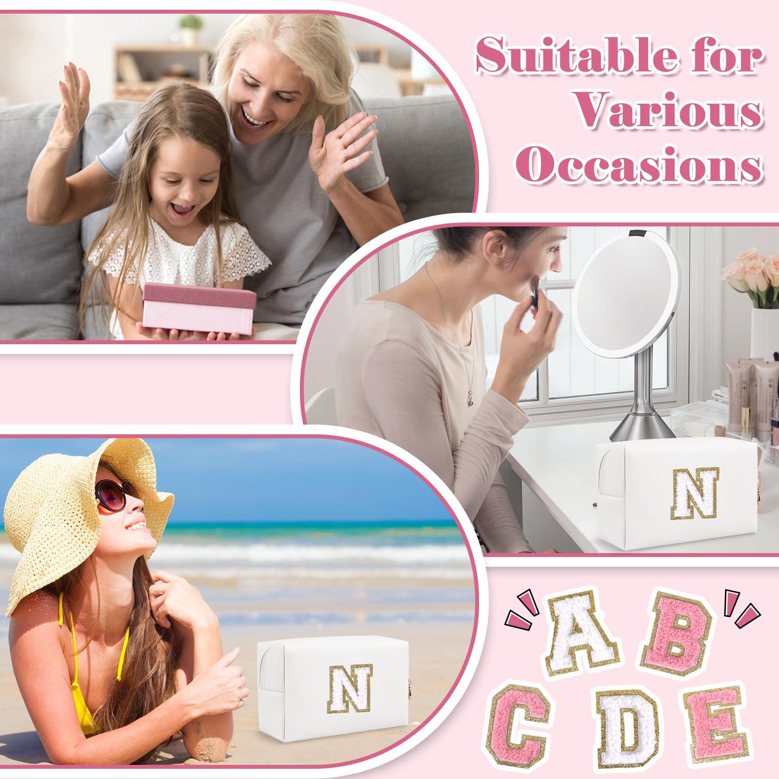 ChaoGreat Small Personalized Initial A-Z Preppy Patch Makeup Bag,White PU Chenille Letter Travel Cosmetic Pouch with Zipper,Cute Toiletry Bag,Gift Ideal for Teen Girls Women Teacher Bridesmaid,Letter N