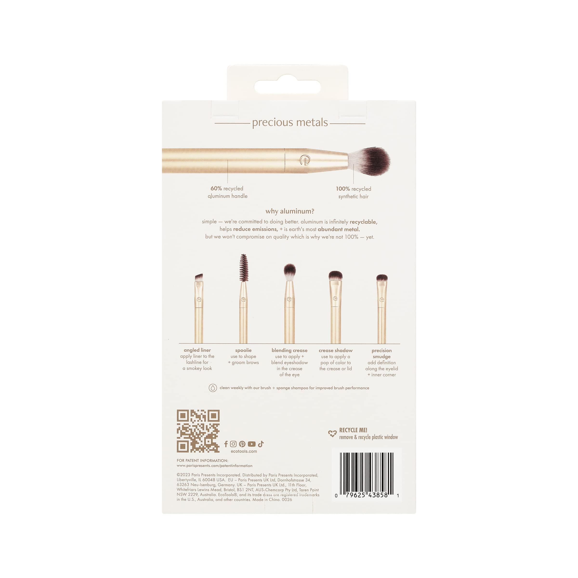 EcoTools EcoTools Precious Metals Brightening Eye Kit, Precision Makeup Brushes For Eyeshadow, Brows, & Liner, Eco-friendly Makeup Brush Set, Sustainable Recycled Aluminum, Cruelty-Free, Chrome, 5 Piece Set