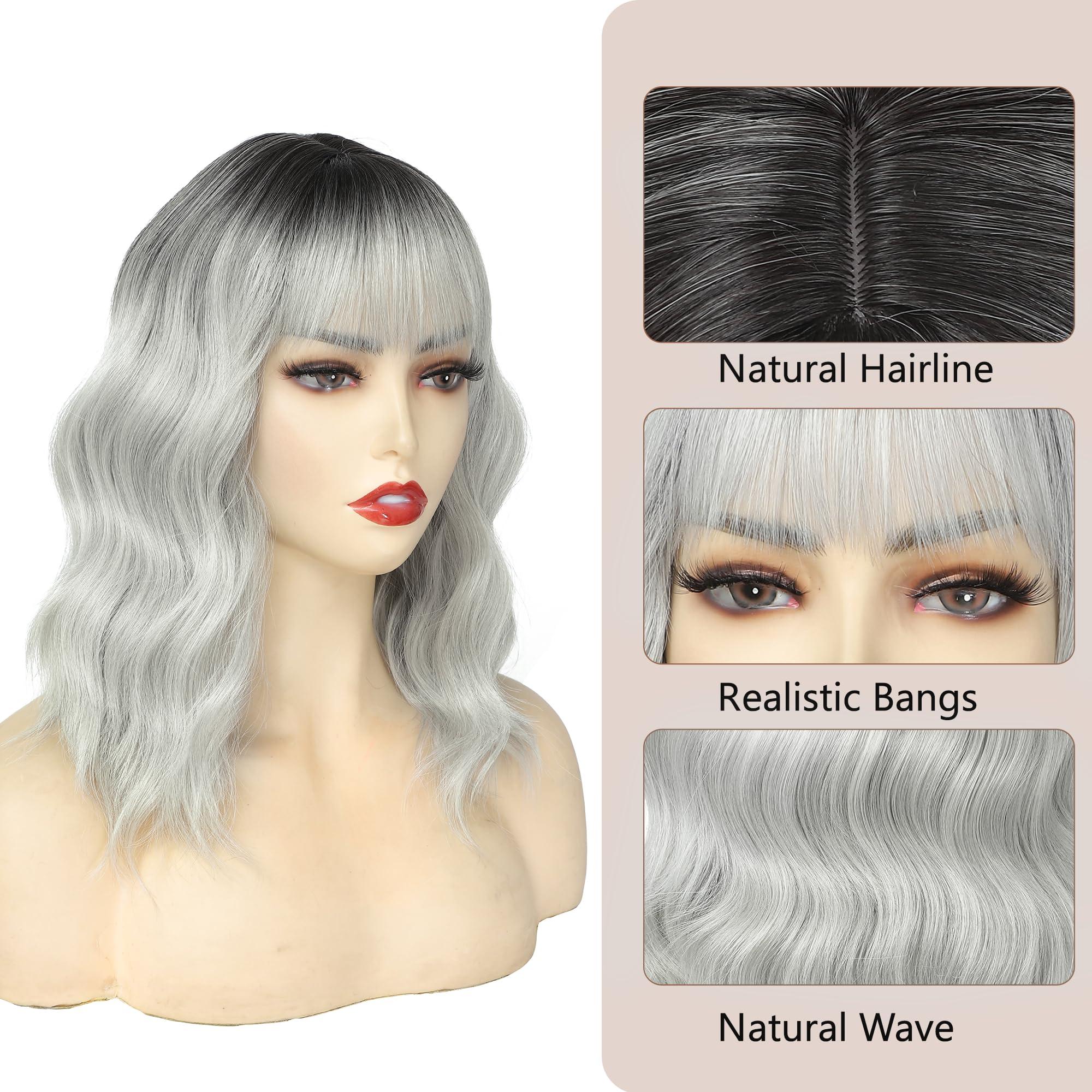Miuric Miuric Short White Silver Wig with Bangs Ombre Grey Wigs for Women Girls Wavy Bob Wig Shoulder Length Synthetic Hair Dark Roots Wig for Halloween Cosplay Party Daily(14 Inches)