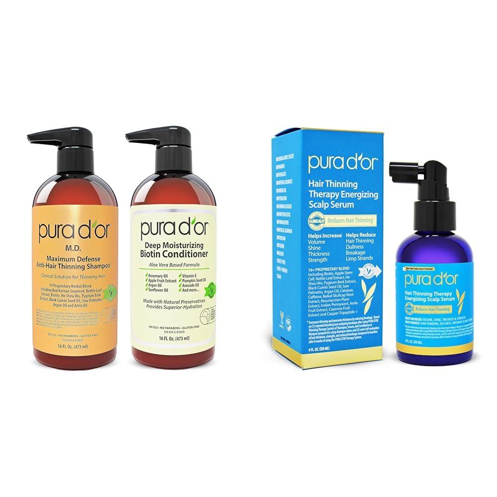 PURA D\'OR PURA D\'OR Anti-Thinning Biotin Shampoo & Conditioner Set & Scalp Therapy Energizing Scalp Serum Revitalizer (4oz) with Argan Oil, Biotin, Caffeine, Stem Cell, Catalase & DHT Blockers, All Hair Types