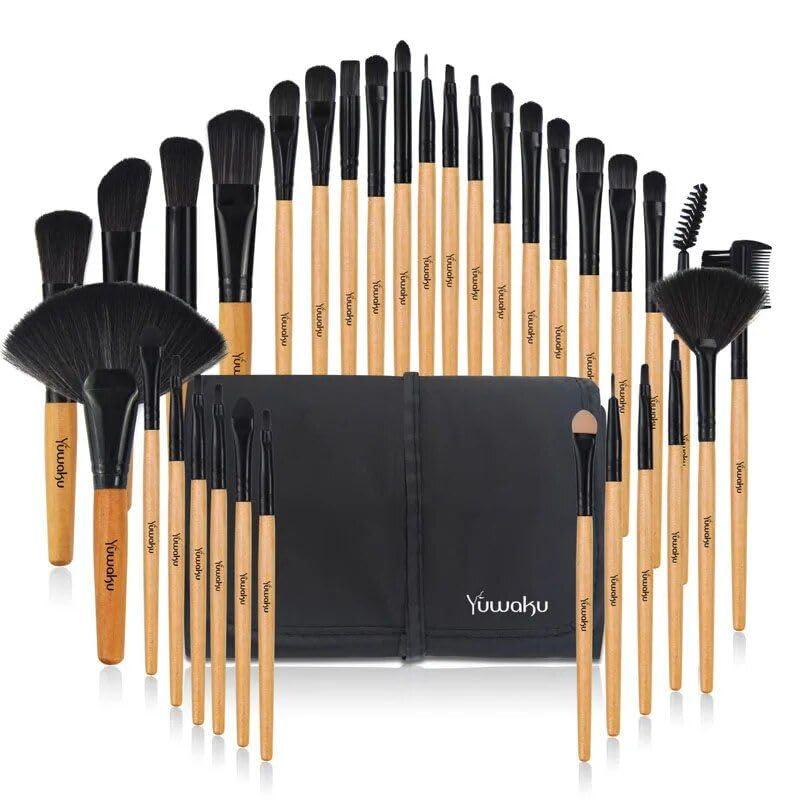 NinthAvenue Basics 32-piece Professional Makeup Brush Set with Eco-Friendly Wooden Handles and Bag - Brown