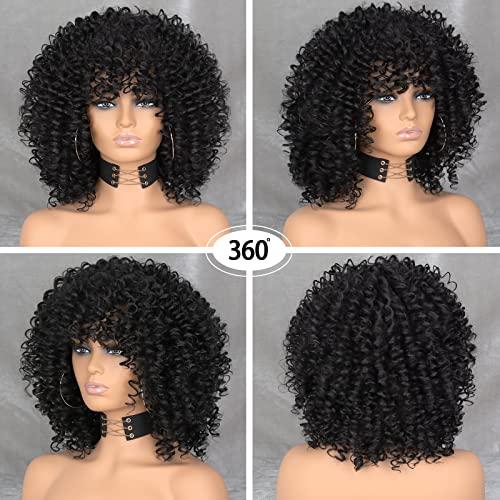 Xinran Xinran Black Curly Afro Wig for Women, Kinky Black Curly Wigs for Women, Natural Synthetic Curly Wig with Bangs
