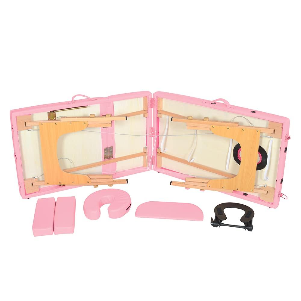 RICA-J RICA-J Massage Table, 3 Folding Height Adjustable Massage Bed, Portable Wood Leg PU Leather Massage Table with Ergonomic Headrest & Face Hole (Pink)