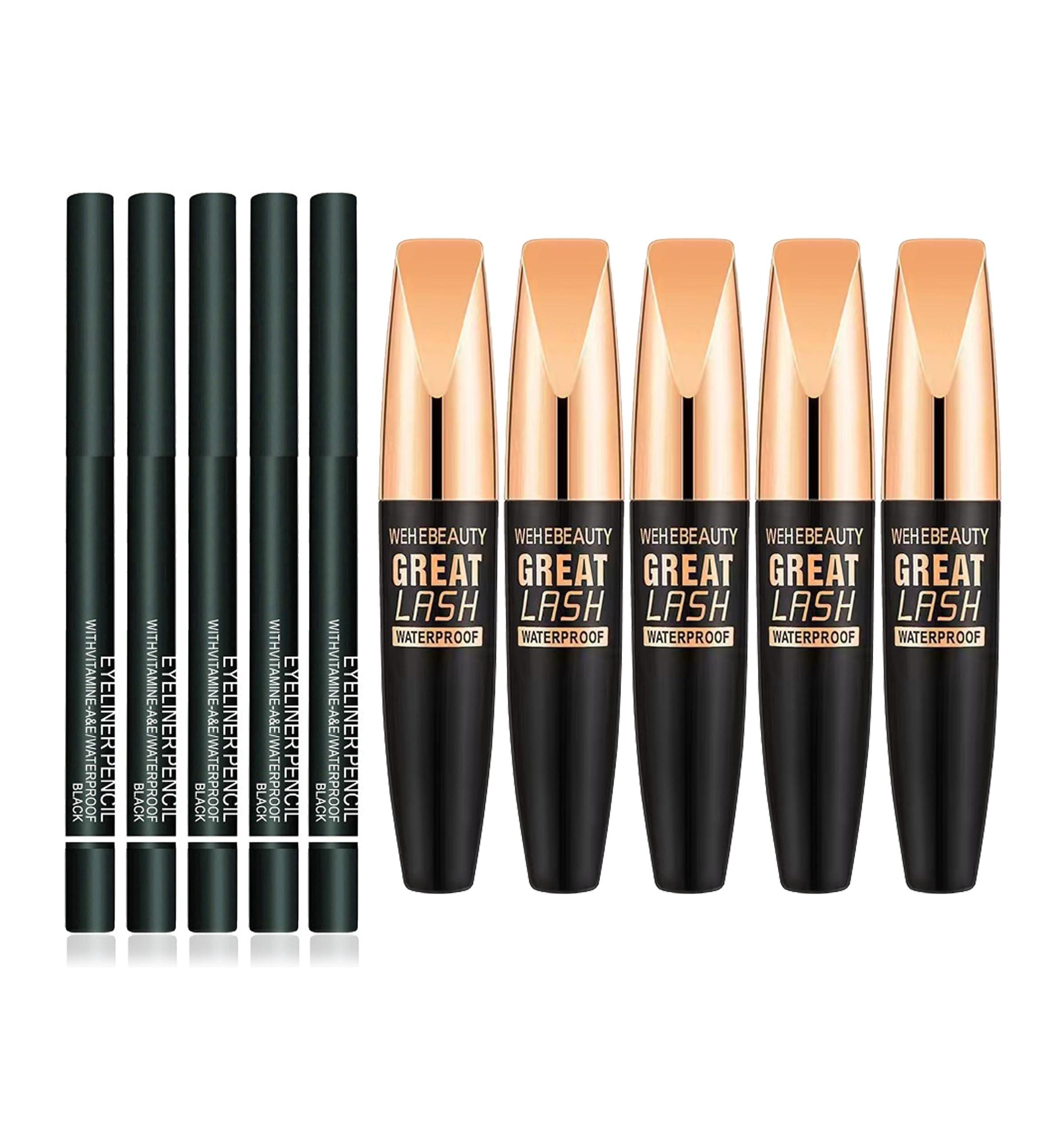 JIYEHG Wehebeauty Great Lash Waterproof mascara, Black Mascara Eyeliner Set, 4D Waterproof Silk Fiber Thick Lengthening Mascara, Thickening Natural No Clumping, NO Smudging, Lasting All Day (5 Set)