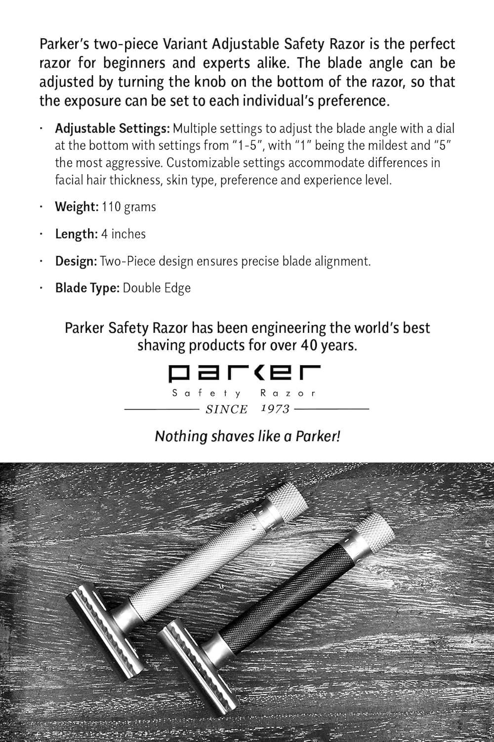 Parker Safety Razor The Parker Variant ADJUSTABLE Double Edge Safety Razor, Customize your Shave with a Turn of the Dial from Mild to Aggressive - 5 Blades Included (SATIN CHROME)