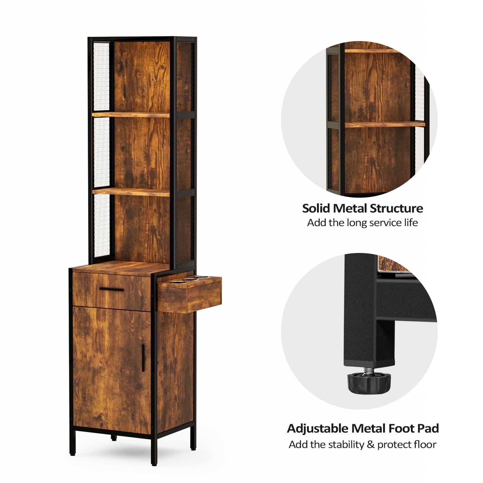 LEADZM LEADZM Salon Station for Hair Stylist, Wall Mount Barber Stations, Hair Styling Storage Cabinet with 3-Tier Open Shelves,1 Drawer, 1 Cabinet & 3 Hot Tool Holders,Rustic Brown