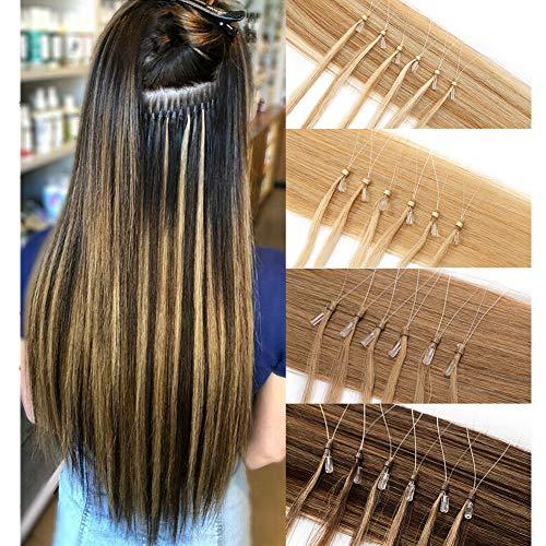 MY-LADY Loop Remy Hair Extensions Human Hair Silicone Micro Ring Beads Stick Tipped Hair Fish Line Link Hairpieces Hand Tied 1g/Strand 50 Individual Strands 50g Highlight 22 Inch #6 Light Brown