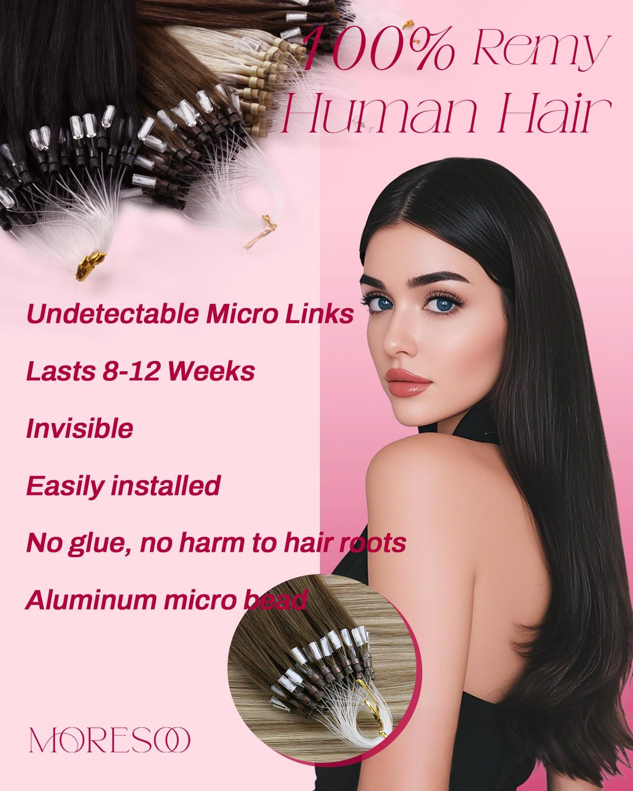 Moresoo Moresoo Micro Link Hair Extensions Ombre Dark Brown to Blonde Micro Loop Human Hair Extensions Balayage Brown Straight Microlink Hair Extensions Human Hair 14 Inch 50G/50S
