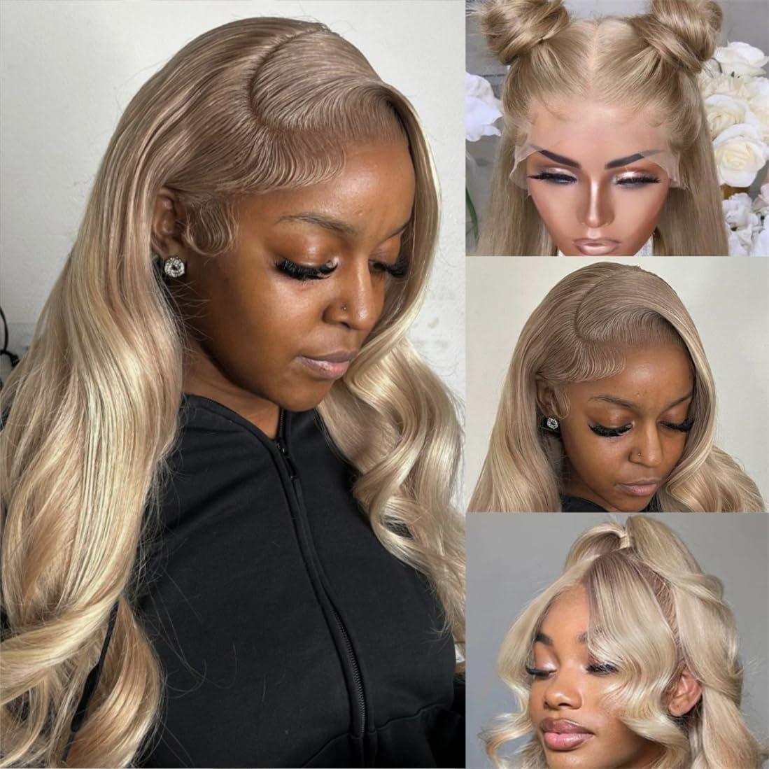 Rina Rina 200% Density Milk Tea Ash Blonde Lace Front Wig Human Hair Upgrades Body Wave Platinum Grey Balayage Lace Front Wig More Full and Thicker 13x4 HD Invisible Frontal Wig for Women 18 Inch