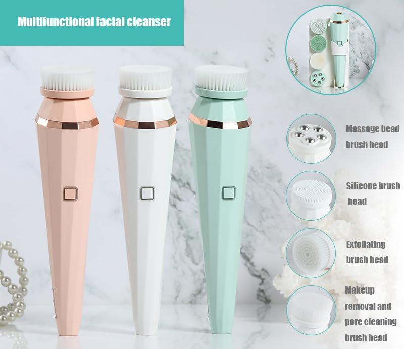 Voibuty V Multifunctional Facial Cleanser, Silicone Facial Brush, one Machine, Multi Head Facial Cleanser, Cleaning and Massage Facial CleanserExfoliateMassage,360 Rotation Cleanser