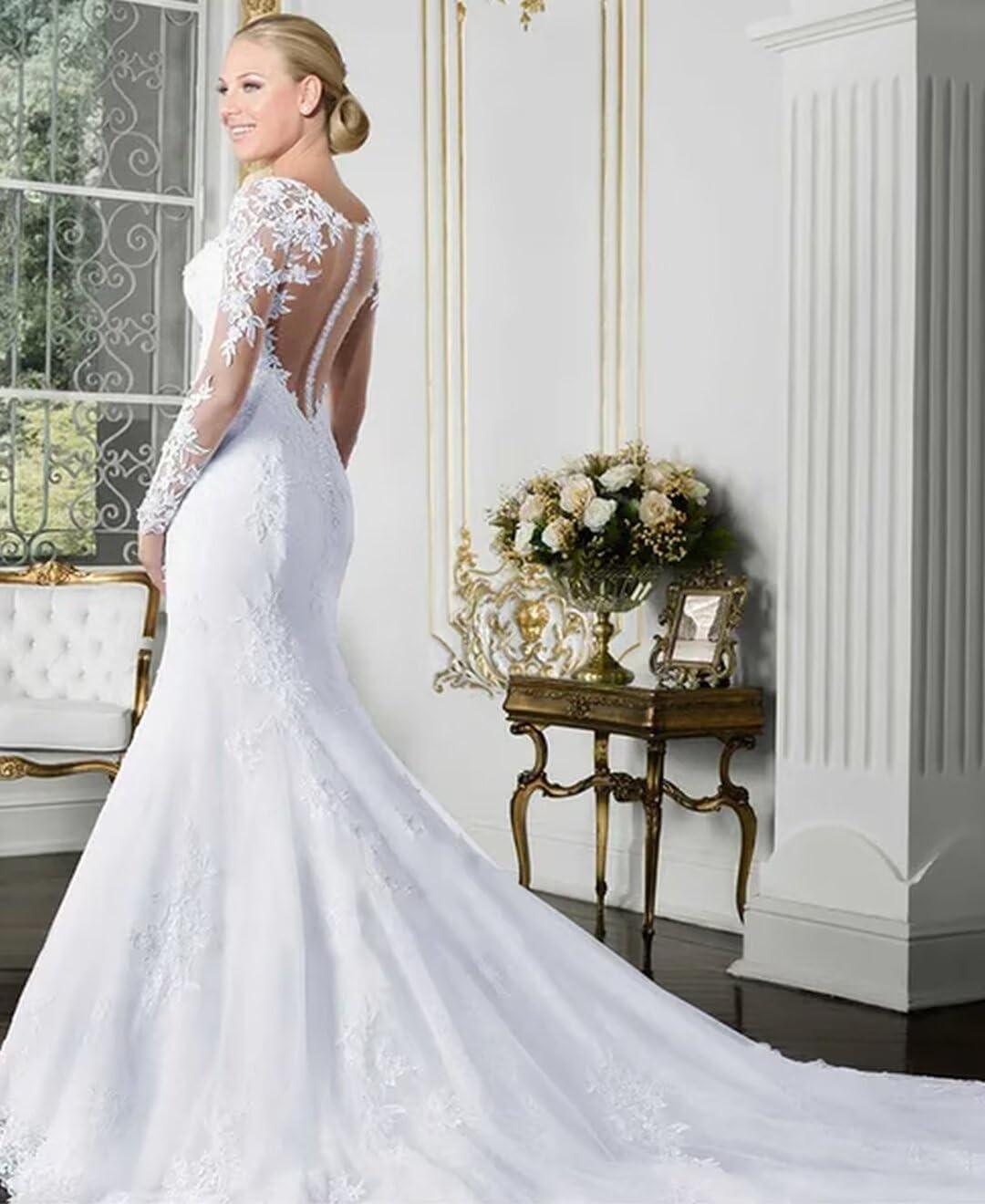Chady Bridal Dresses for Bride 2021 Plus Size Mermaid Lace Long with Train V-Neck Wedding Gowns for Women White 22