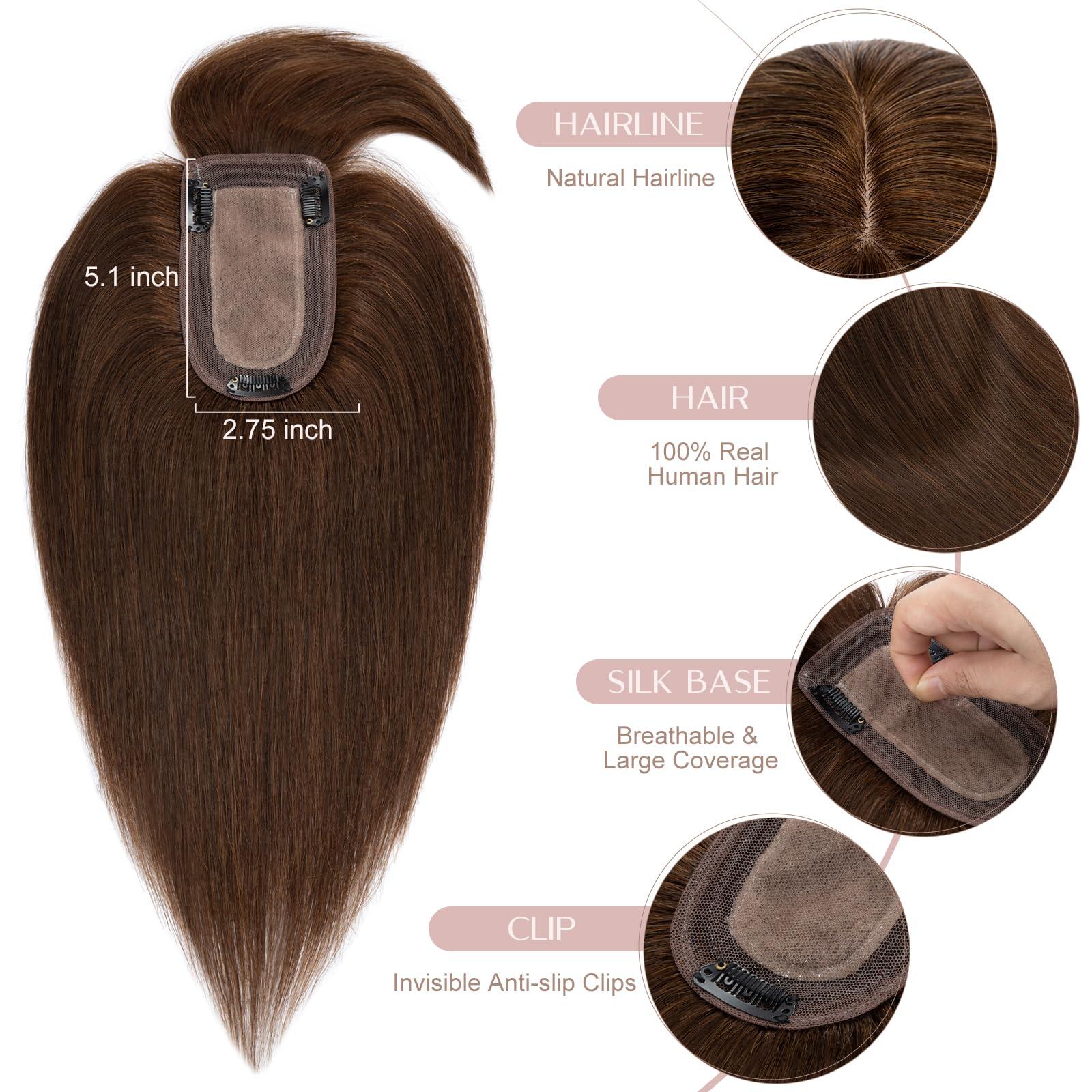 SEGO Pro SEGO Pro Human Hair Topper with Bangs Hair Toppers for Women Real Human Hair Toppers Hair Pieces for Women Human Hair Toppers for Thin Hair 8 Inch #04 Chocolate Brown