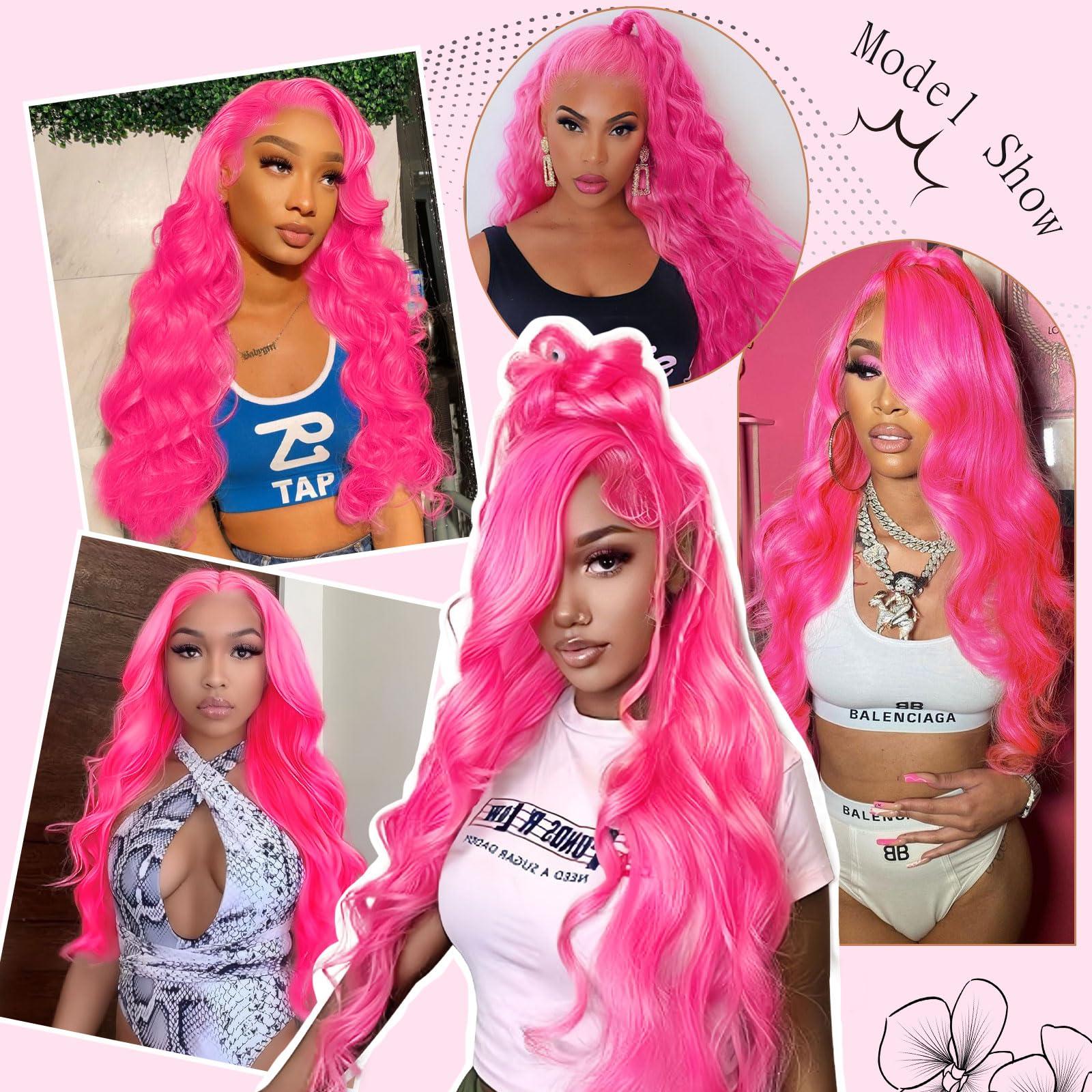 Cloudeer 26 Inch Pink Wig Human Hair 13x4 Body Wave HD Lace Front Wigs Human Hair Pre Plucked Pink Human Hair Lace Front Wigs Colored 180 Density Pink Frontal Wigs Human Hair Pink Lace Front Wig Human Hair