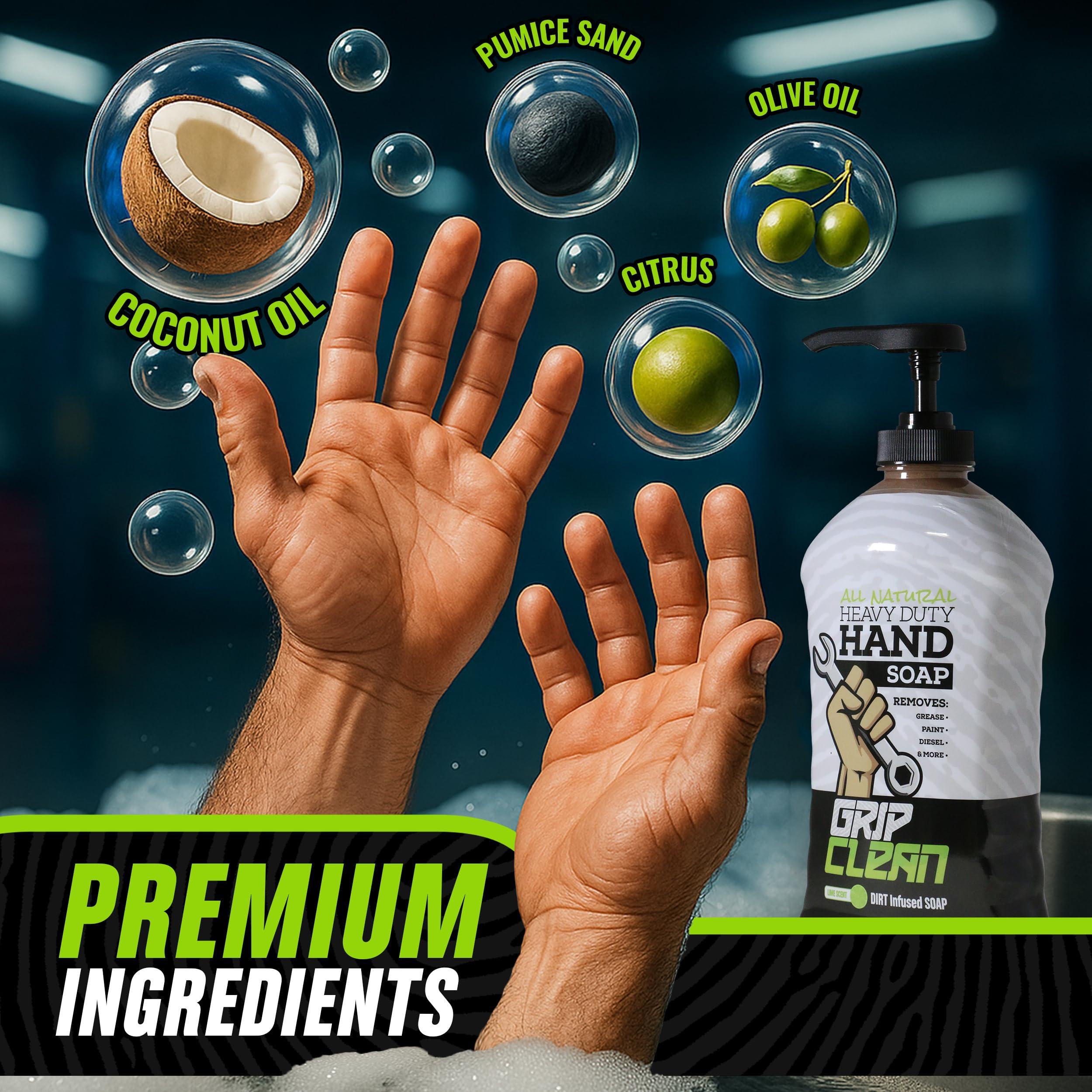 Grip Clean Grip Clean Squeeze Bottle & Brush Combo - Heavy-Duty Degreaser Hand Cleaner & Nail Brush Set - Tackle Grease, Oil, & Grime with Natural Pumice Soap & Nail Cleaning Scrub for Clean Hands & Nails