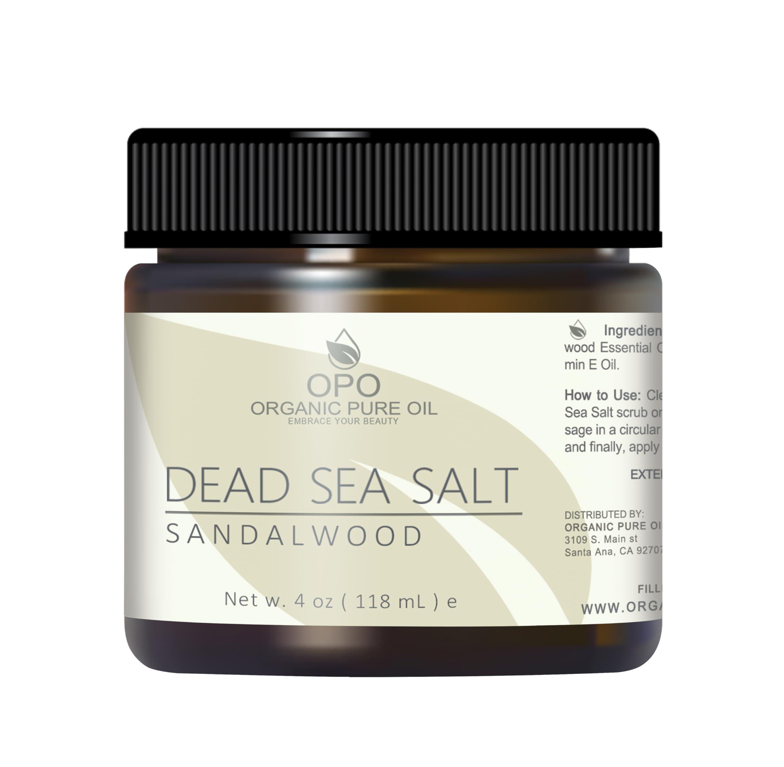 organic pure oil Pure and Natural Dead Sea Salt Scrub | Hydrating and Moisturizing | Gently Exfoliates Face Body Feet & Hands with Soothing Jojoba Oil and Vitamin E by Organic Pure Oil (Sandalwood, 4 oz)