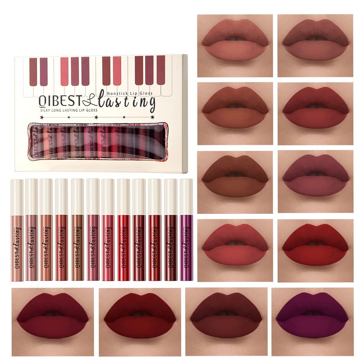 Pakivs Pakivs 12Pcs Matte Liquid Lipstick Set, Dark Bright Red 24-hour Lip Gloss Kit Long-Lasting Waterproof Lip Stain Non-Stick Cup Not Lipgloss Set for Women