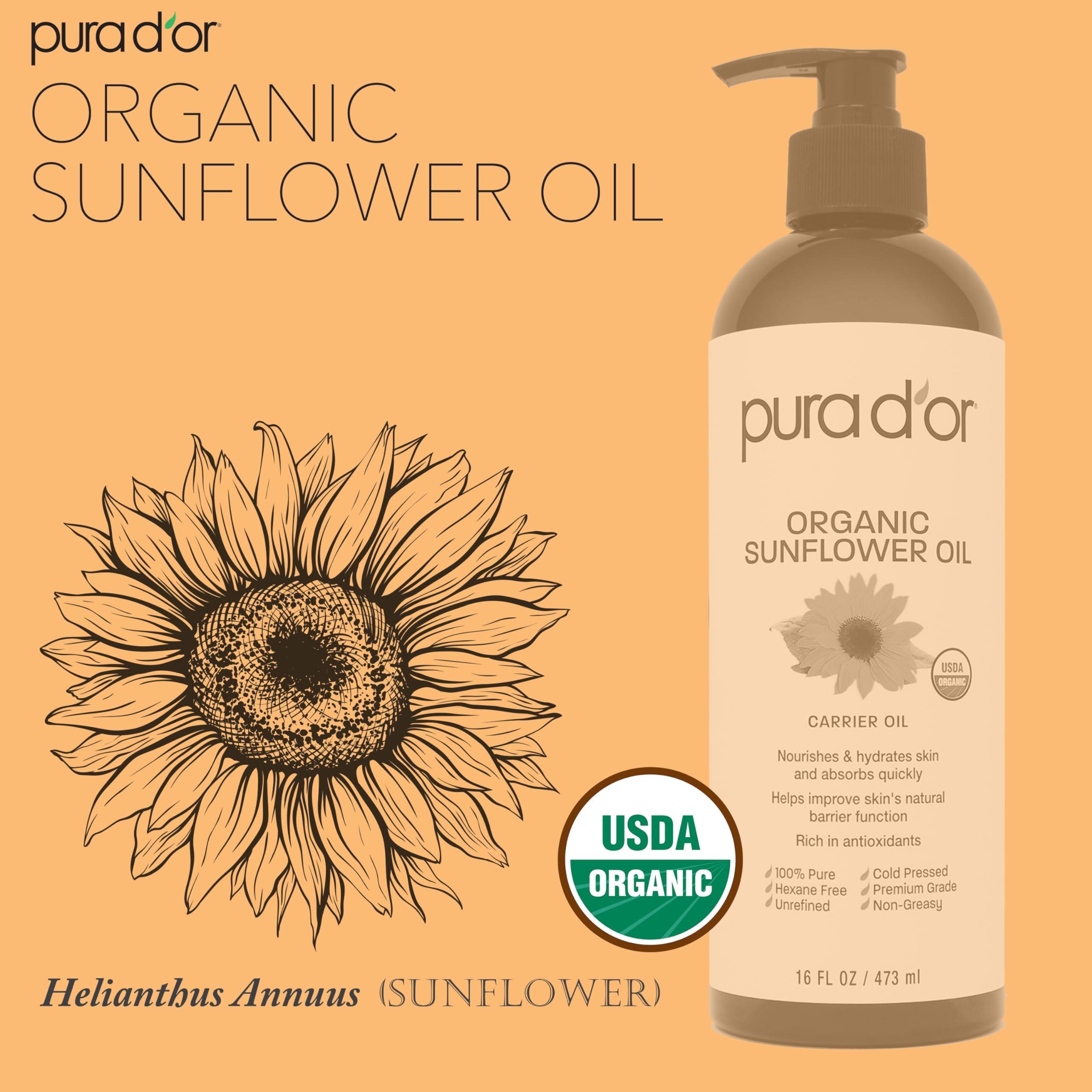 PURA D'OR PURA D\'OR 16 Oz ORGANIC Sunflower Seed Oil - 100% Pure & Natural USDA Certified Cold Pressed Carrier Oil For DIY Beauty - Unscented, Hexane Free Liquid Moisturizer - Face Skin & Hair - Men & Women