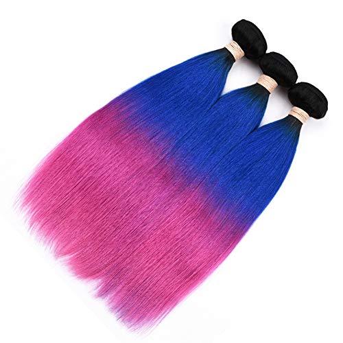 Tony beauty hair Tony Beauty Hair #1B/Blue/Pink Ombre Straight Human Hair 3 Bundles 300Gram Brazilian Human Hair Black Roots Blue to Pink 3 Tone Ombre Virgin Hair Weave Extensions Double Wefts (14 16 16)