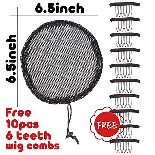 Nunify 5 Pcs Hair Net for Making Afro Puff Drawstring Ponytail And Afro Hair Bun - Black Glueless Ponytail Hairnet with 10 Pcs Wig Combs - Adjustable Strap Afro Hair Bun Weaving Net For Women (L/Round)