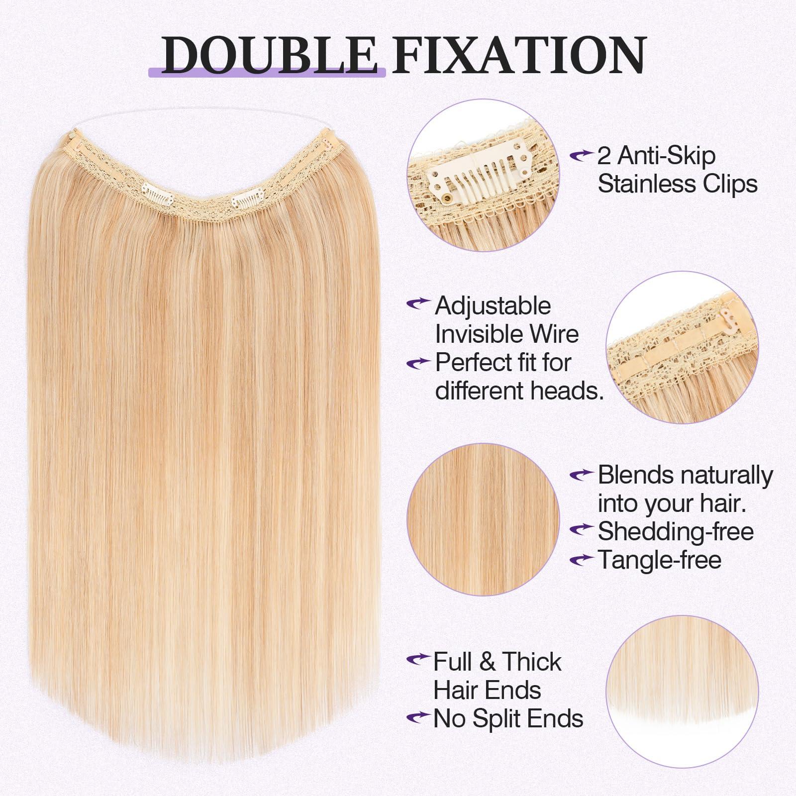 prokyvity Halo Hair Extensions Real Human Hair,Prokyvity Halo Hair Extension 100% Human Hair,Halo Extensions Real Human Hair,Human Hair Halo Extensions,18P613 Gold Blonde Mixed Bleach Blonde 16inch