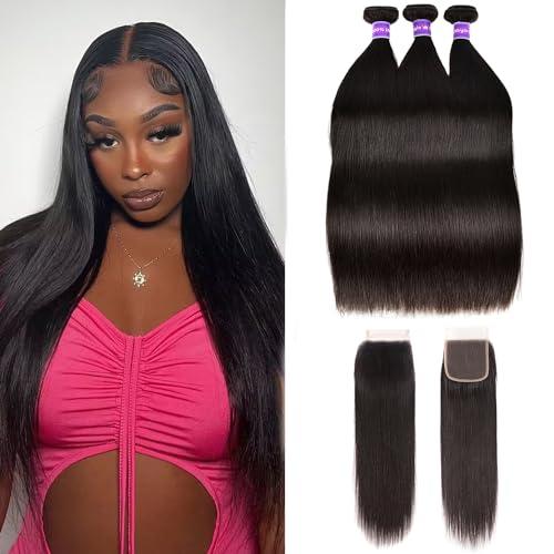 Sufeiya Hair Straight Human Hair Bundles With Closure For Black Women (24 26 28+20) Brazilian Human Hair Bundles With 4x4 Lace Closure Free Part 100% Unprocessed Weave 3 Bundles with Swiss Lace Closure