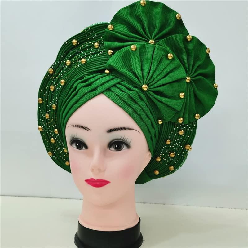 Generic Nigerian Head Wrap ASO Oke Nigeria for Traditional Marriage headtie Already Made African headtie with Beads&Stones Bonnet for Party 1set -ASO Oke African Head tie
