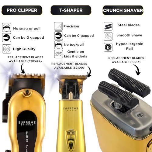 Supreme Trimmer Supreme Trimmer 3-in-1 Barber Bundle | Pro Clipper, T-Shaper Trimmer & Crunch Foil Shaver | Professional Beard Trimmer Mens Hair Clipper Kit | Gold