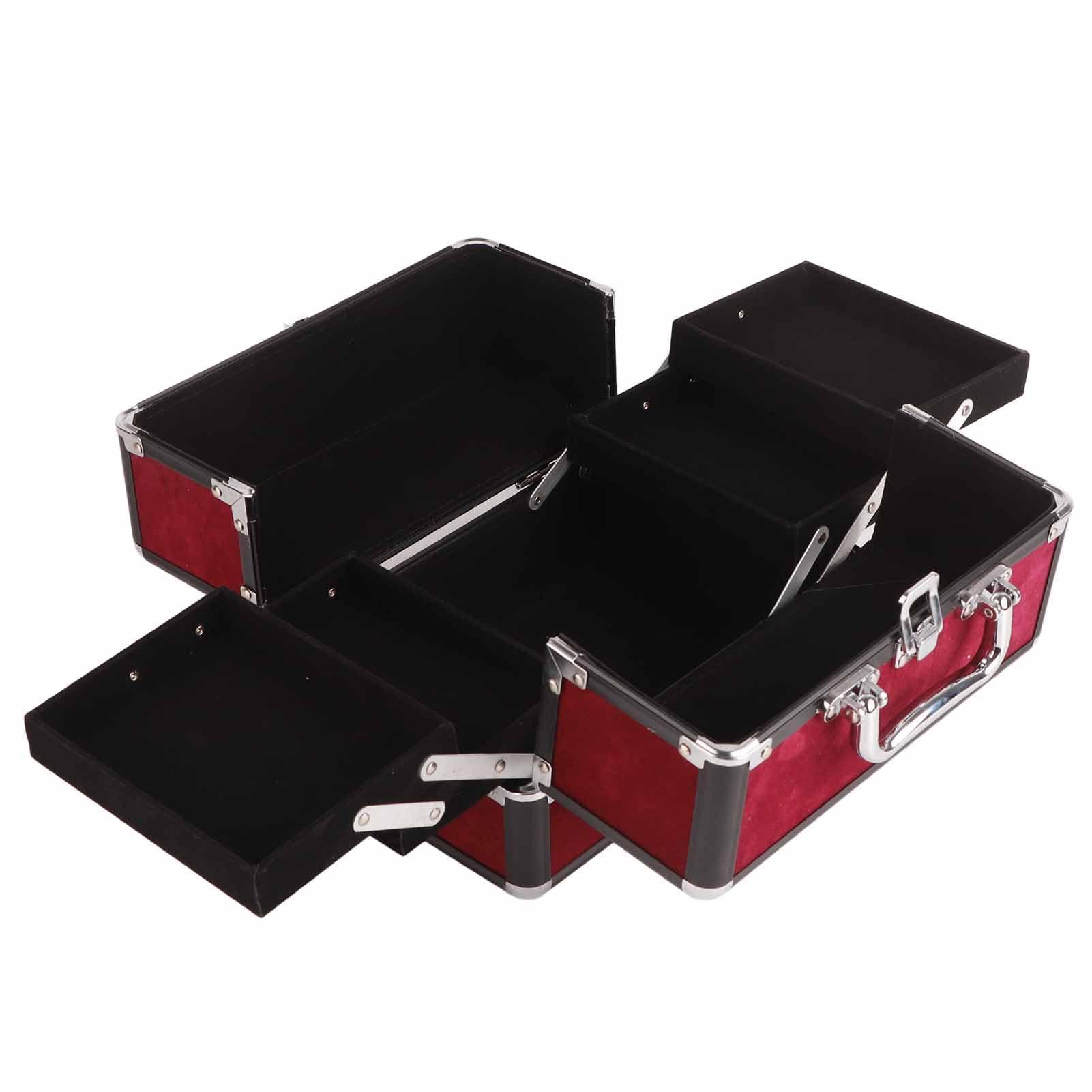 Dioche Large Makeup Case with High Capacity Storage with Lockable for Home Salon, Makeup Tools Traveling Makeup Case 25x17x17cm (Wine Red and Black Strip Black Bottom)