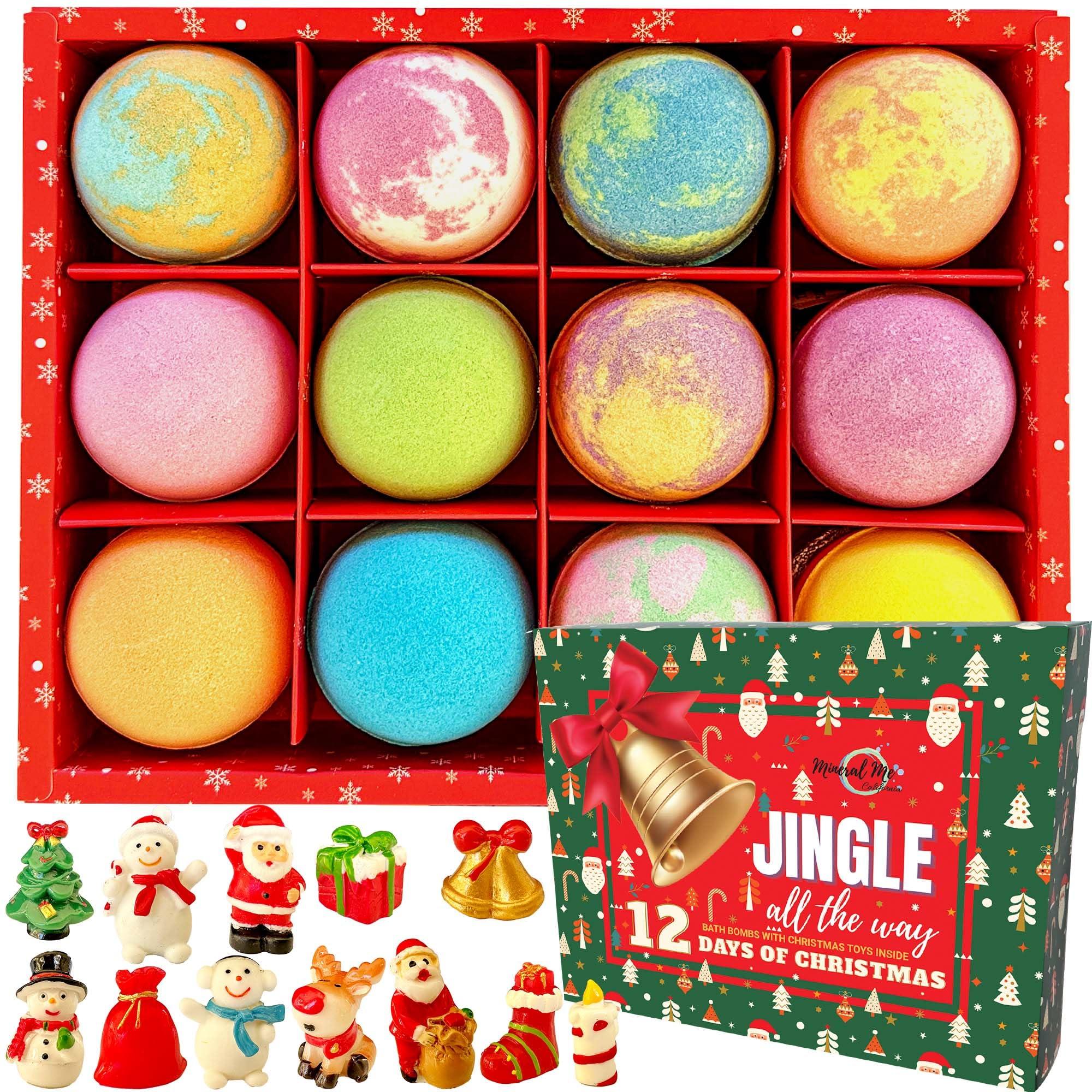 Mineral Me California Christmas Bath Bombs for Kids with Surprise Toys Inside - Kids Advent Calendar Bathbombs - 12 Pack Organic Bath Bombs Gift Set, Moisturizing Bubble Bath Fizzies, Gifts for Kids, Boys, Girls, Toddler