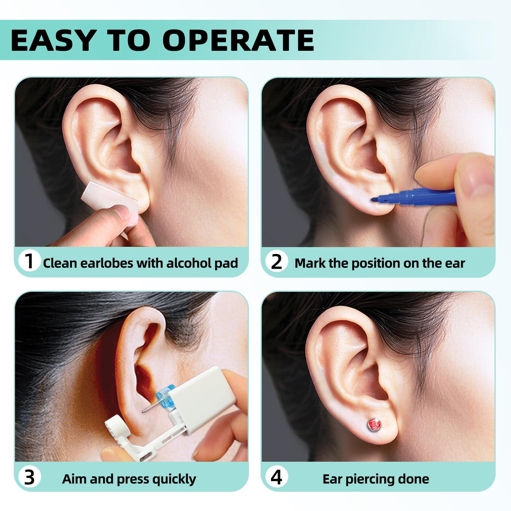 Novopiercing Get the Perfect Ear Piercing with 24 Pcs Premium Ear Piercing Kit - Includes 8 Red CZ Diamond Earrings and 8 Easy-to-Use Self Ear Piercing Gun - Safe and Painless - Sliver